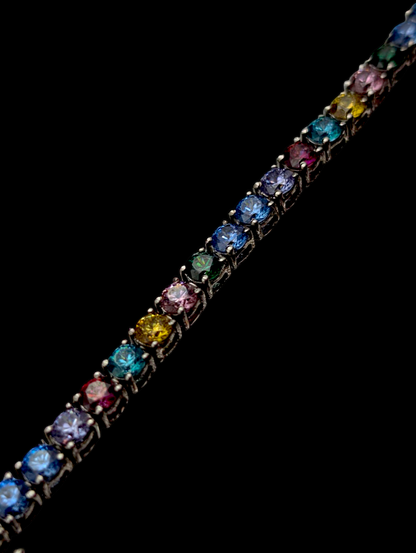 Vintage Rainbow Round Cut Simulated Multi Gemstone Sterling Silver Tennis Bracelet