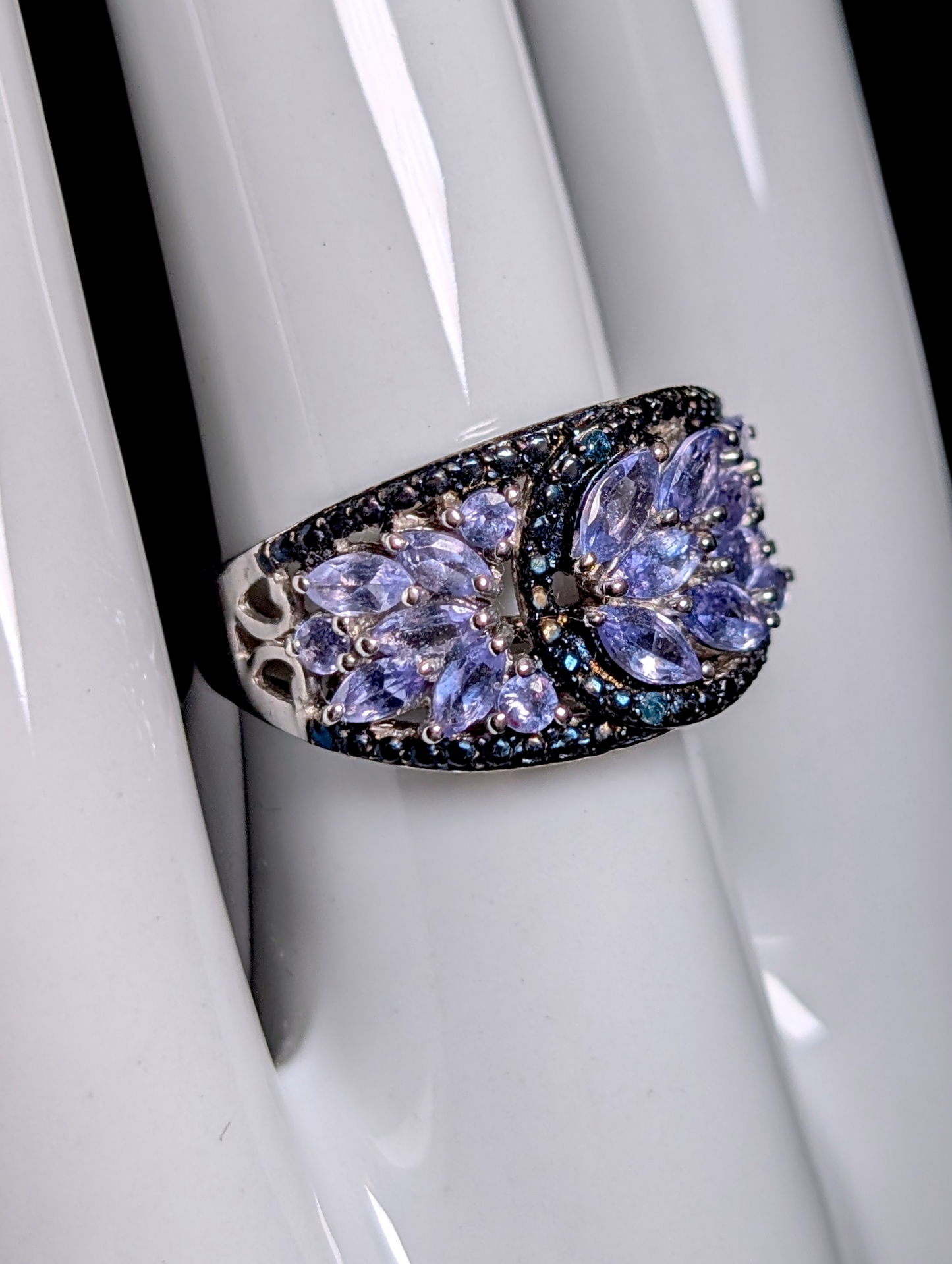 Vintage Earth Mined Genuine Tanzanite and Blue Diamond accents with Black Rhodium Sterling Silver Ring