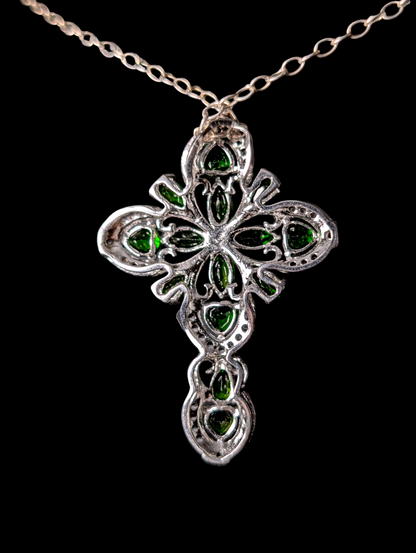Vintage Large Earth Mined Genuine Chrome Diopside and White Zircon Sterling Cross Religious Pendant and Sterling Silver Chain Necklace