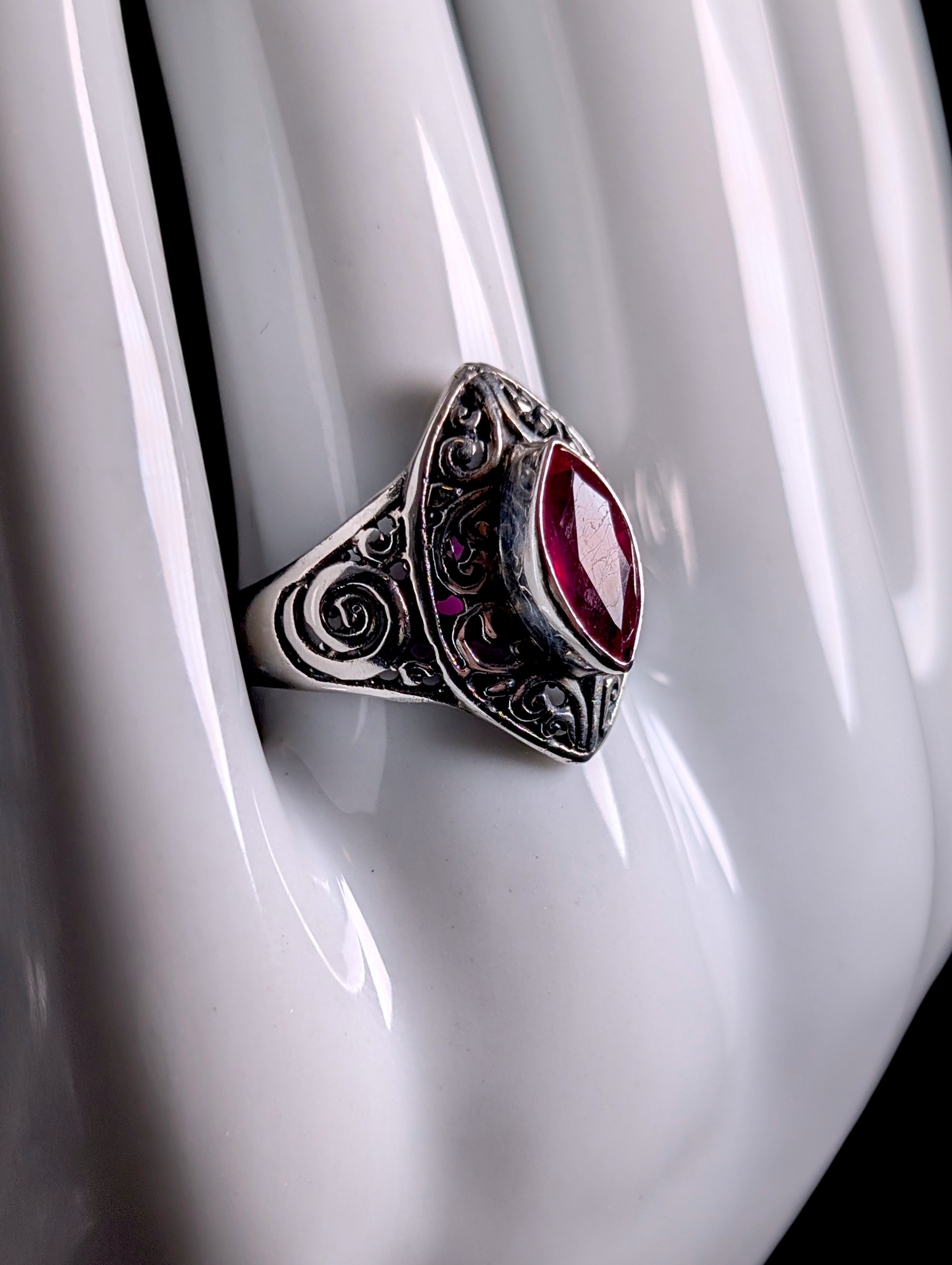 Vintage Celtic Marquise Cut Bezel Set Genuine Ruby Solitaire Sterling Silver Filigree Ring