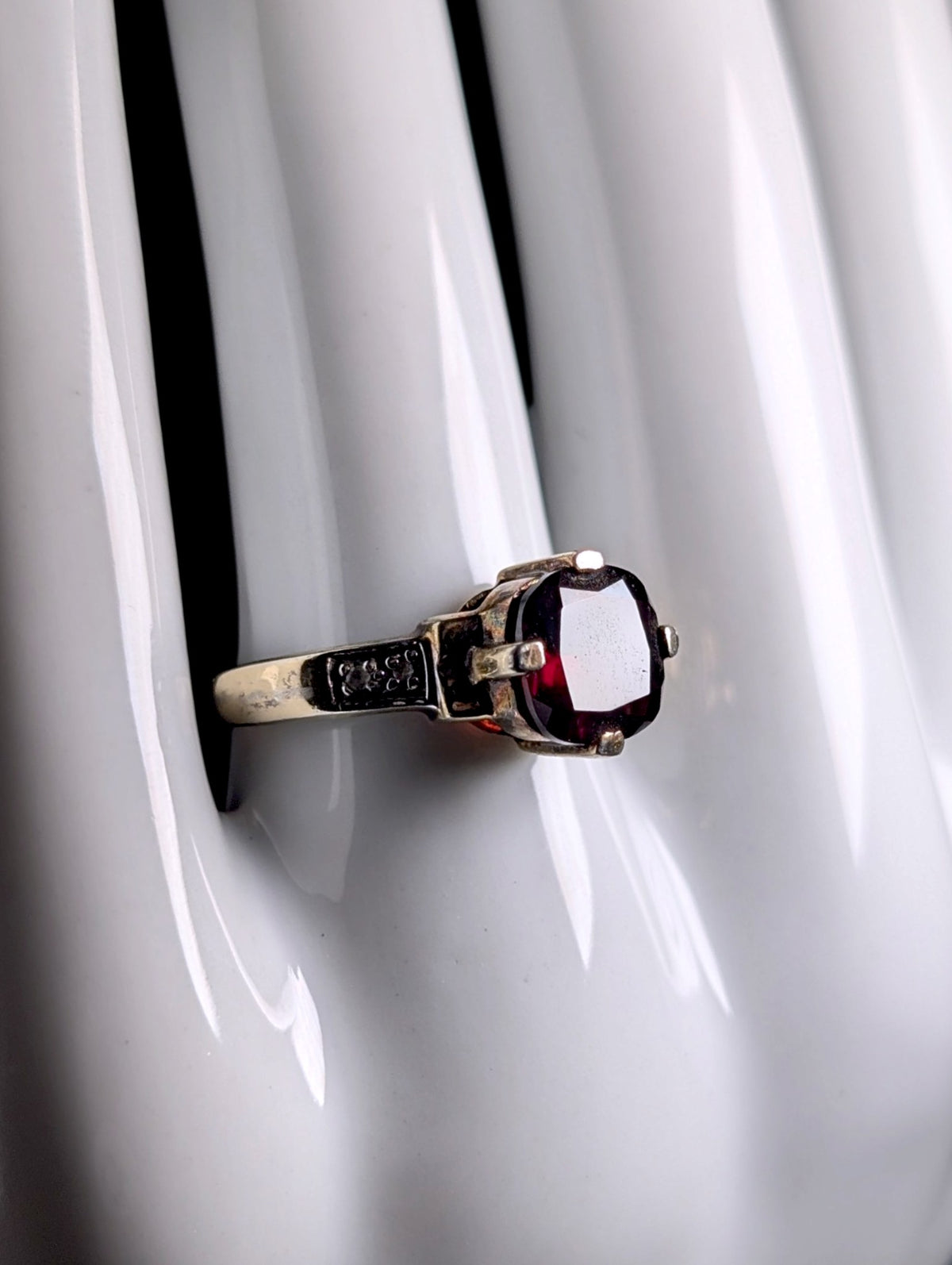 Vintage Cushion Cut Genuine Garnet Solitaire, White Topaz Accents Gold over Sterling Ring