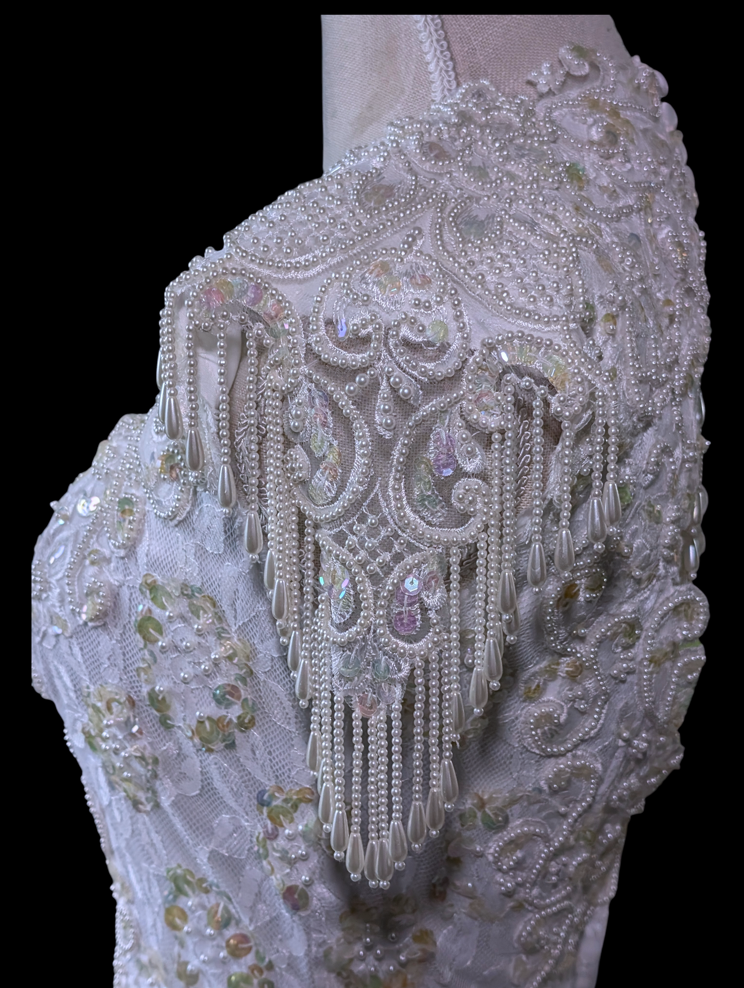 1980s-1990s Alfred Angelo Mystical Aurora Borealis Sequin and Pearl Beaded Sleeveless Vintage Wedding Dress with Cathedral Train