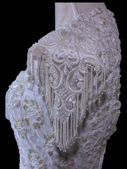 1980s-1990s Alfred Angelo Mystical Aurora Borealis Sequin and Pearl Beaded Sleeveless Vintage Wedding Dress with Cathedral Train