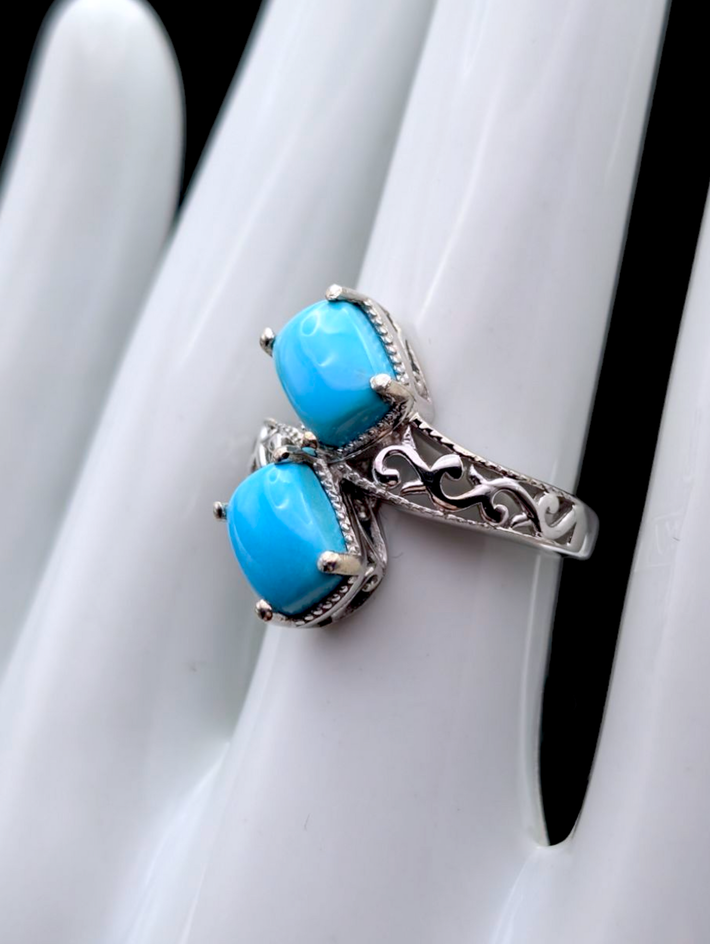 Vintage Twin Cabochon Genuine Sleeping Beauty Turquoise Wrap Sterling Silver Ring