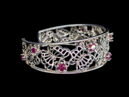Vintage Genuine Ruby Gemstone Sterling Silver Butterfly Filigree Cuff Bracelet
