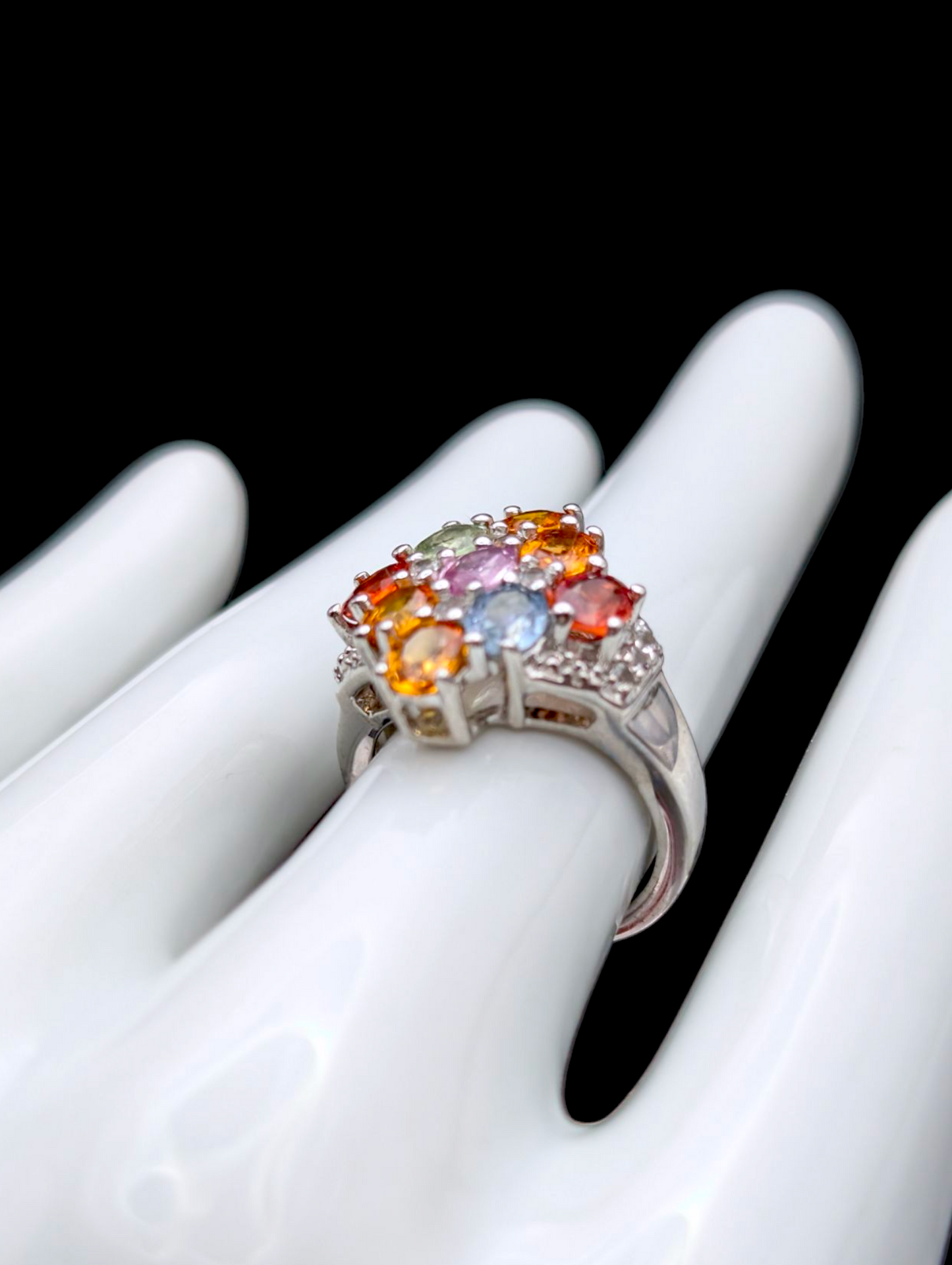 Vintage Rainbow Genuine Fancy Sapphire and Topaz Accented Sterling Silver Cluster Ring