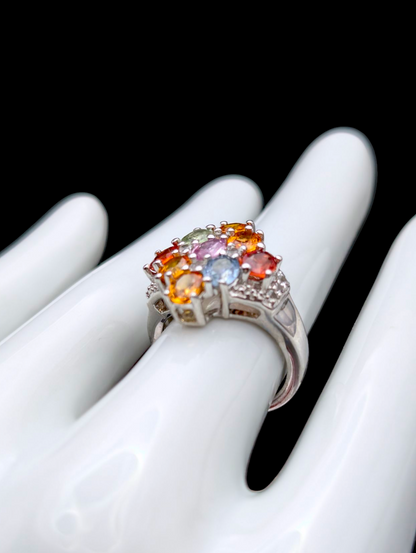 Vintage Rainbow Genuine Fancy Sapphire and Topaz Accented Sterling Silver Cluster Ring