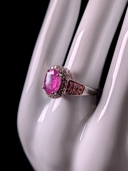Vintage Oval Cut Earth Mined Genuine Ruby, Pink Sapphire and White Topaz Halo Sterling Silver Statement Ring