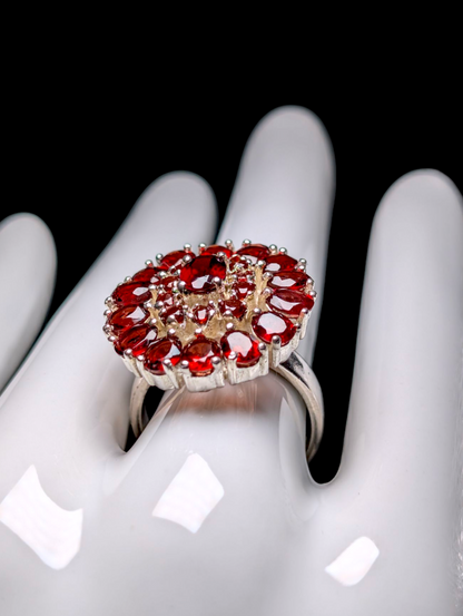 Vintage Oval Cut Genuine Pyrope Garnet Cluster Sterling Silver Statement Ring
