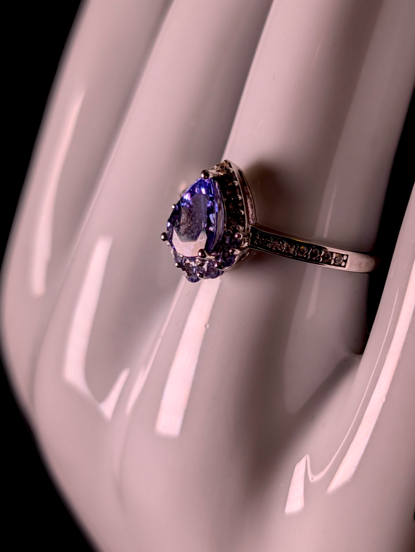 Vintage Pear Cut Solitaire Genuine Tanzanite and White Zircon Halo Sterling Silver Band Ring