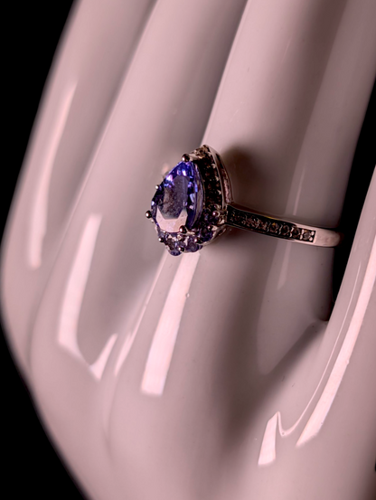 Vintage Pear Cut Solitaire Genuine Tanzanite and White Zircon Halo Sterling Silver Band Ring