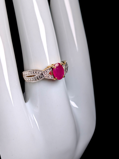 Vintage Oval Cut Earth Mined Genuine Ruby Solitaire Diamond Accent Cross Over 18k Yellow Gold Vermeil Ring