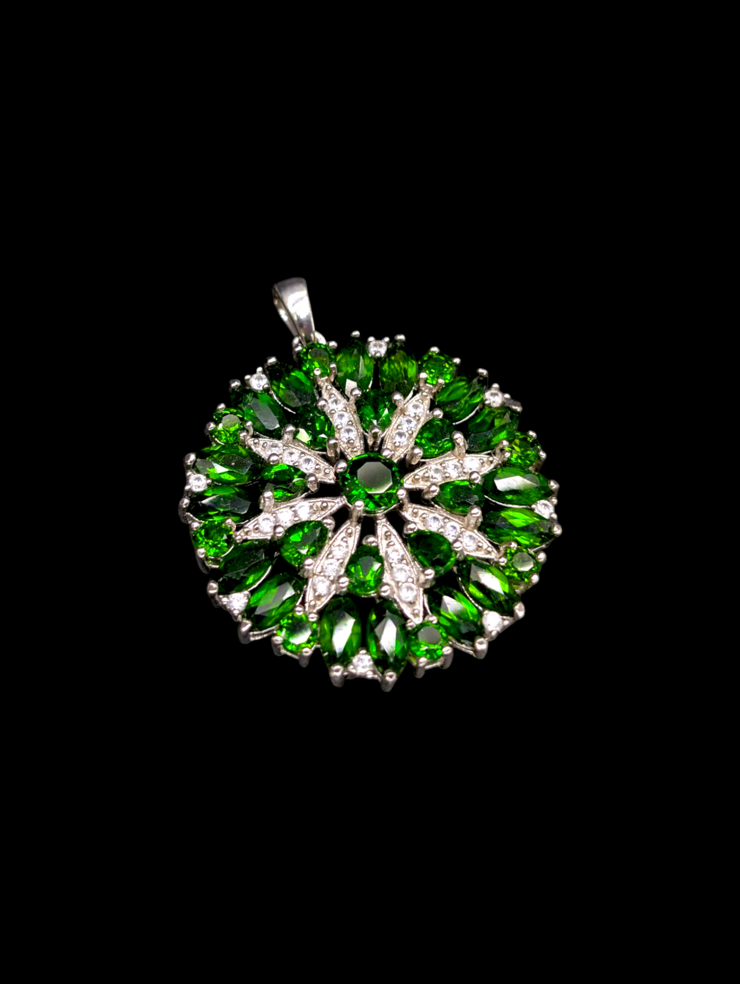 Vintage 6 Carat Genuine Russian Chrome Diopside and Zircon Starburst Rhodium over Sterling Silver Pendant