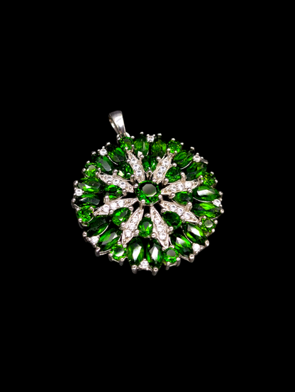 Vintage 6 Carat Genuine Russian Chrome Diopside and Zircon Starburst Rhodium over Sterling Silver Pendant