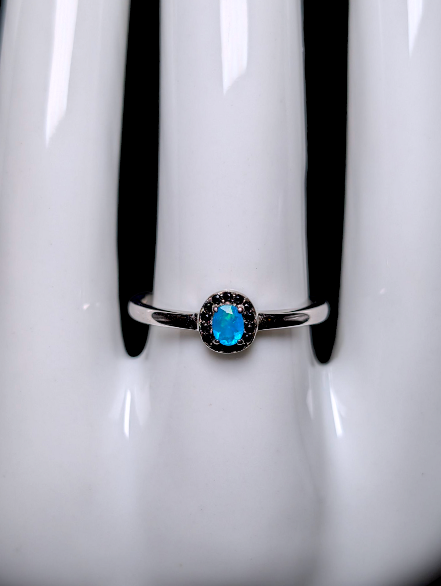 Vintage Dainty Oval Cut Genuine Blue Opal Solitaire with Black Onyx Halo Sterling Silver Stackable Ring