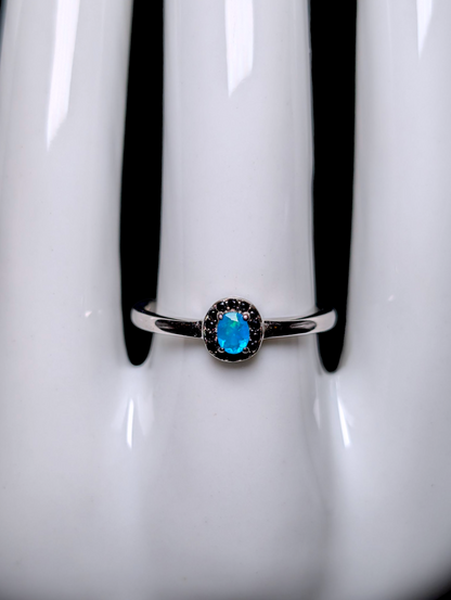Vintage Dainty Oval Cut Genuine Blue Opal Solitaire with Black Onyx Halo Sterling Silver Stackable Ring