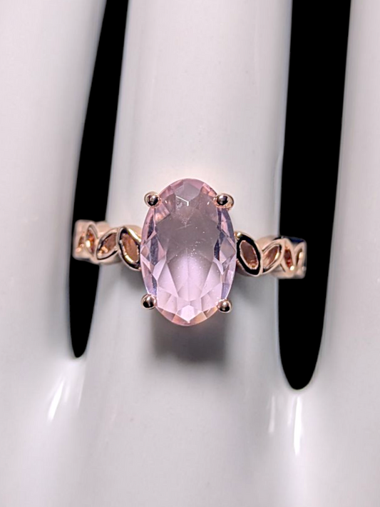 Vintage Inspired Oval Cut Simulated Pink Sapphire Solitaire with Ornate Band Rose Gold Toned Ring