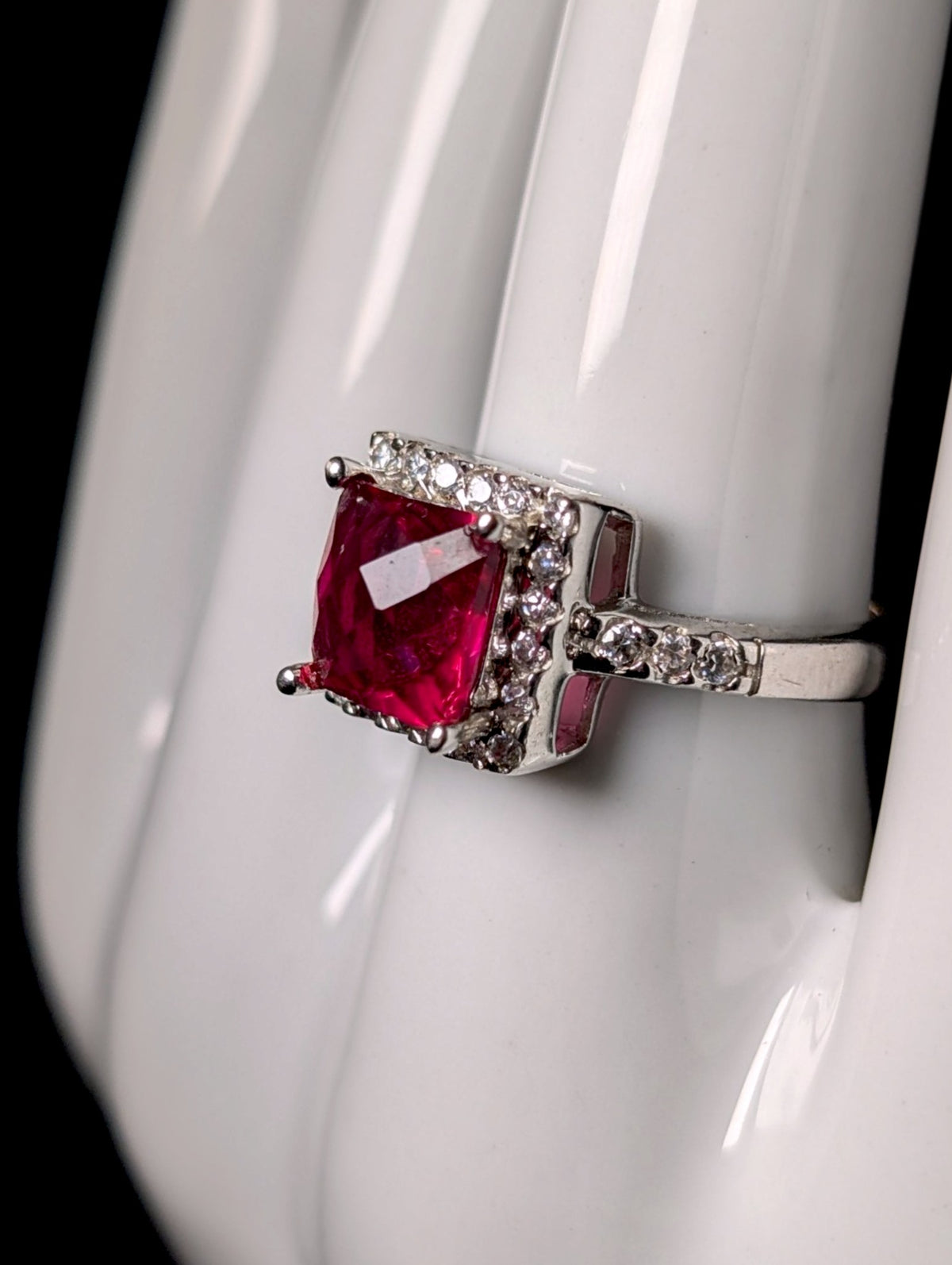 Vintage Inspired Princess Cut Simulated Ruby Solitaire and Diamond Halo Sterling Silver Ring