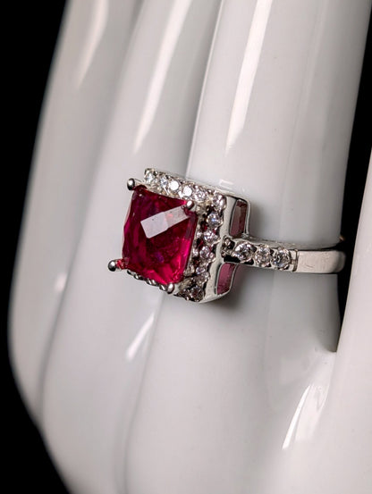Vintage Inspired Princess Cut Simulated Ruby Solitaire and Diamond Halo Sterling Silver Ring