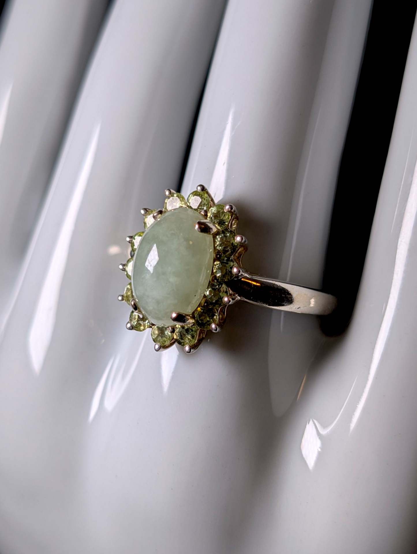 Vintage Earth Mined Genuine Ice Jade with Peridot Halo Sterling Silver Statement Ring