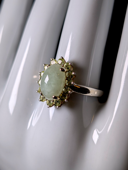 Vintage Earth Mined Genuine Ice Jade with Peridot Halo Sterling Silver Statement Ring