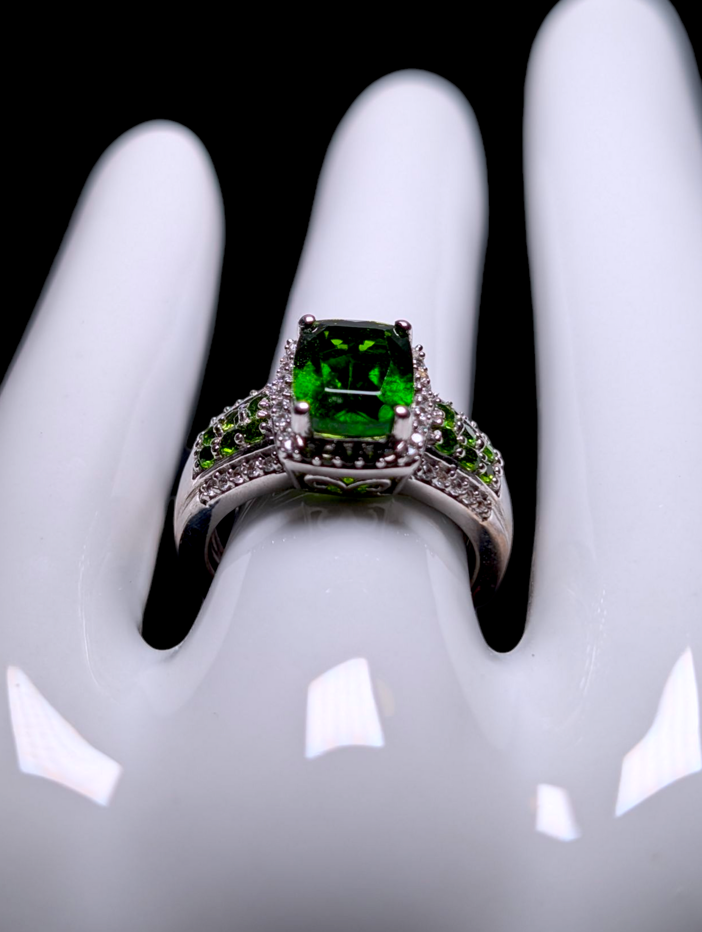 Vintage Radiant Cut Solitaire Emerald Green Genuine Chrome Diopside and White Zircon Halo Sterling Silver Ring