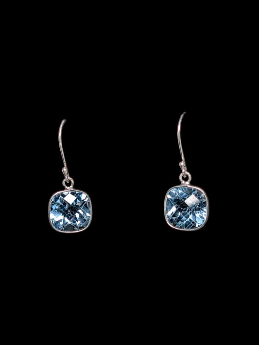 Vintage Cushion Rose Cut Genuine Swiss Blue Topaz Sterling Silver Dangle Earrings
