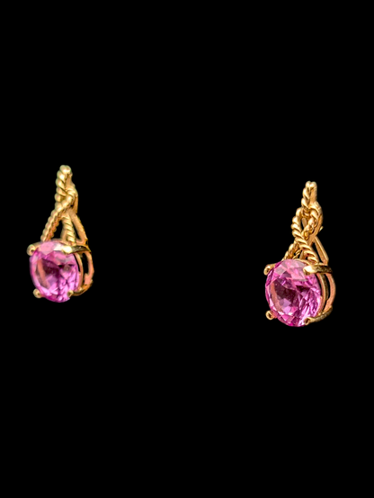 Vintage 10k Solid Yellow Gold 3+ Carat Genuine Pink Sapphire Necklace Pendant and Earrings Twisted Rope Set