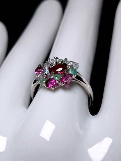 Vintage Heart Multi-Gemstone Genuine Emerald, Garnet, Aquamarine Fruit Cocktail Cluster Sterling Silver Statement Ring