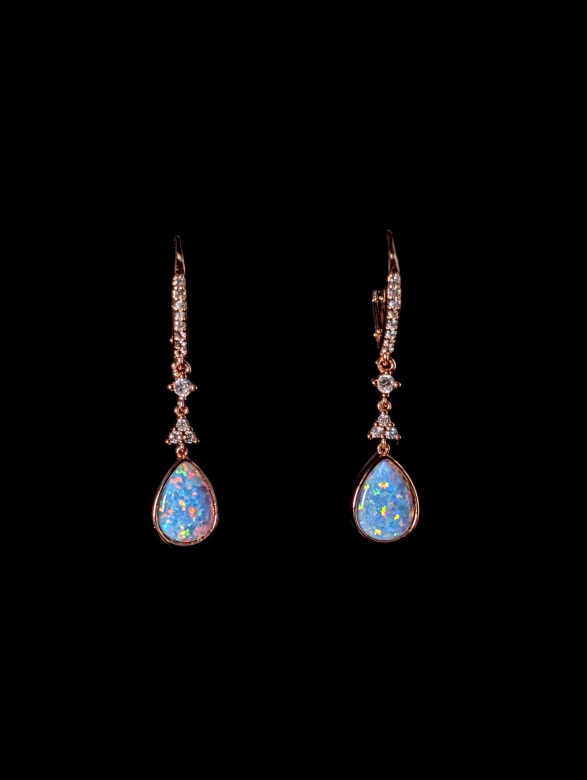 Vintage Inspired Genuine Opal and Simulated Diamond Rose Gold Toned Dangle Earrings