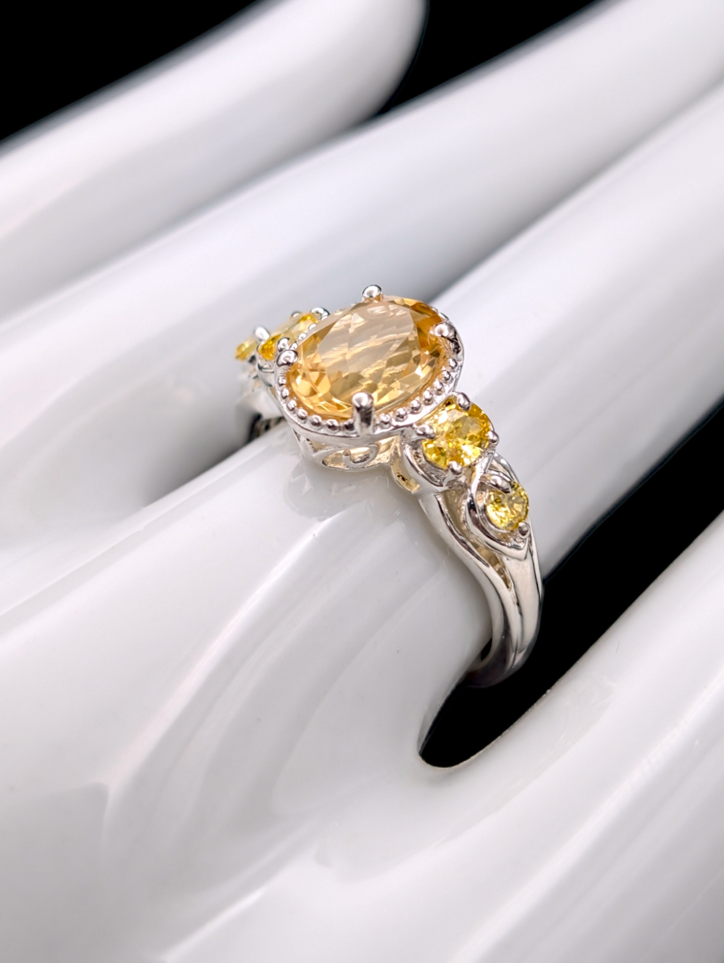 Vintage D'Joy Earth Mined Brazilian Genuine Citrine and Yellow Simulated Diamond Designer Cut Citrine Sterling Silver Ring