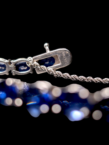 Vintage Inspired 18+ Carat Oval Cut Genuine Sapphire Sterling Silver Tennis Bracelet with 14k White Gold Safety Chain