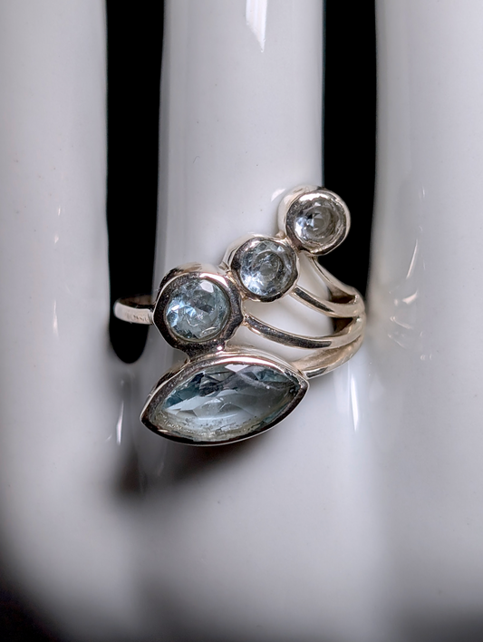 Vintage Inspired Mixed Cut Genuine Sky Blue Topaz Sterling Silver Ring