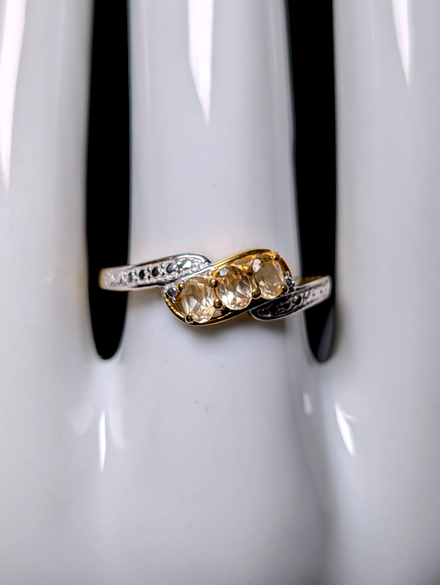 Vintage Oval Cut Three Stone Genuine Yellow Citrine 18K Yellow Gold Vermeil Sterling Silver Cross Over Ring