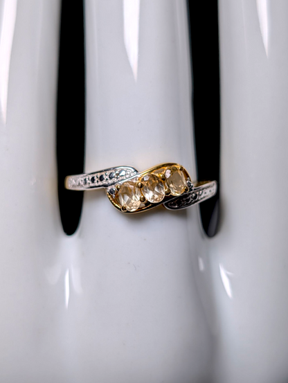 Vintage Oval Cut Three Stone Genuine Yellow Citrine 18K Yellow Gold Vermeil Sterling Silver Cross Over Ring