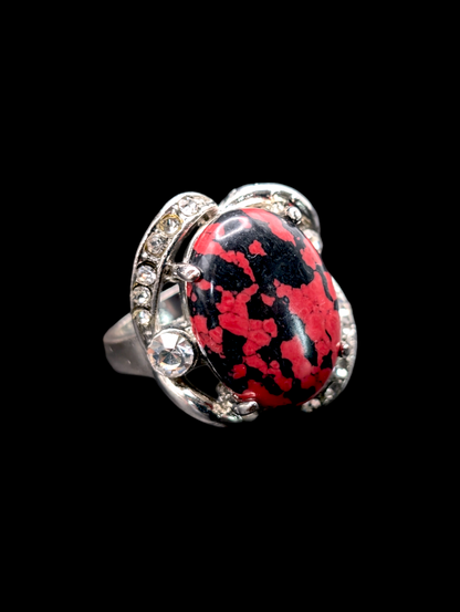 Vintage Red and Black Simulated Marble Cocktail Silver Statement Ring