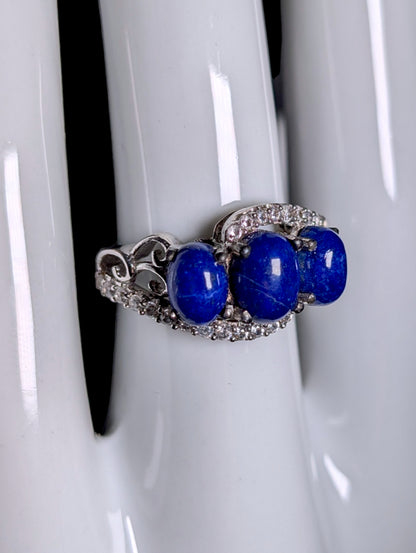 Vintage Genuine Lapis Lazuli and White Topaz Cross Over Sterling Silver Ring
