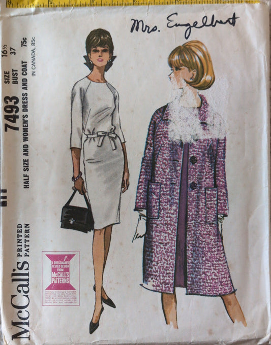 1964 Original Vintage Sewing Pattern: McCall's 7493 Size 16.5