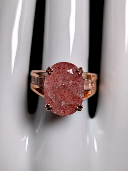 Vintage Floating Genuine Strawberry Quartz and White Topaz Hidden Band 18k Rose Gold Vermeil Ring