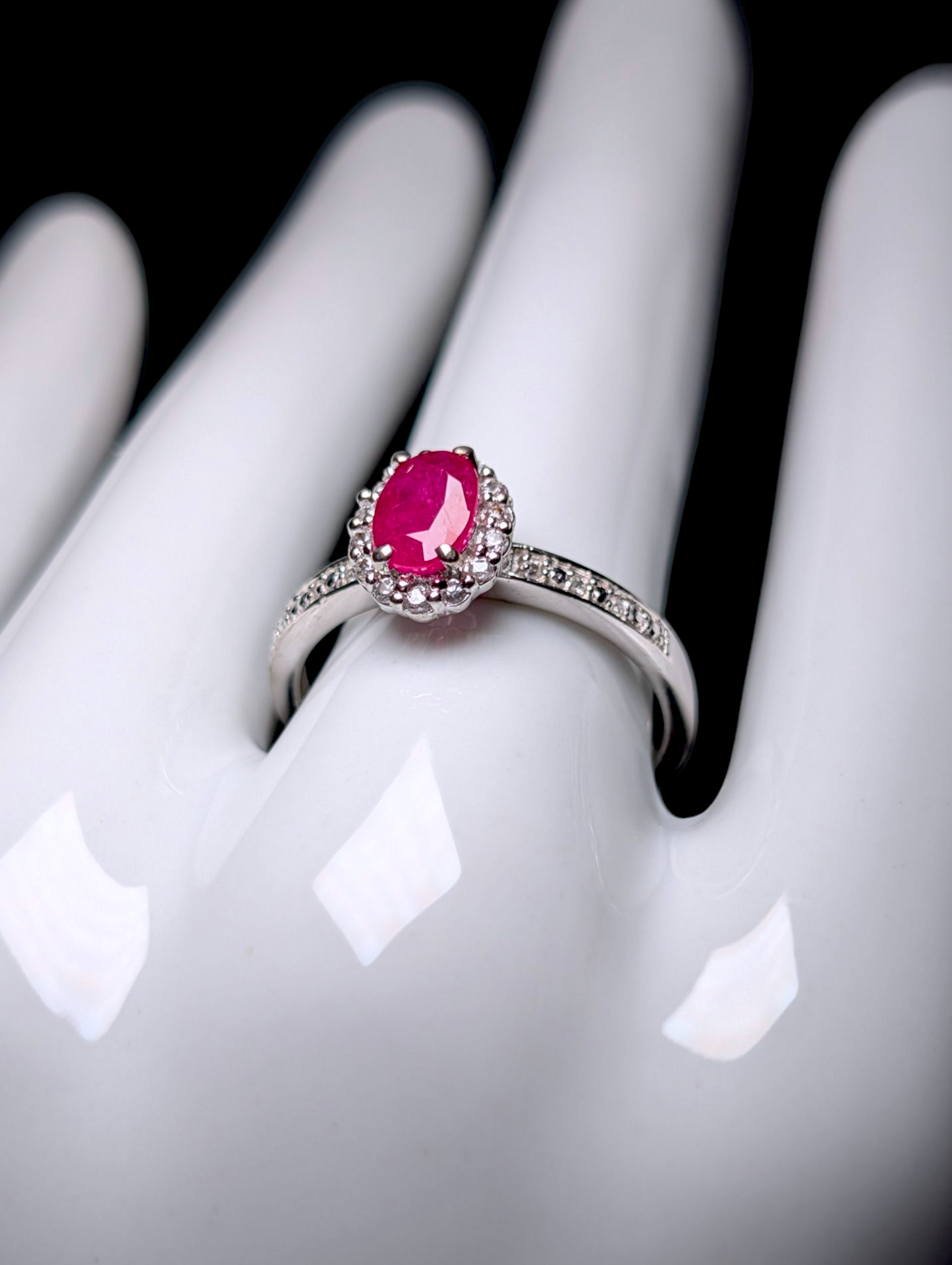 Vintage Earth Mined Oval Cut Genuine Ruby Solitaire with White Topaz Halo Sterling Silver Ring