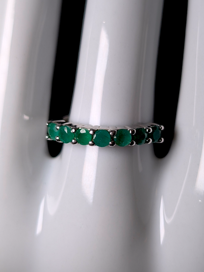 Vintage Half Eternity Band Round Cut Earth Mined Genuine Emerald Sterling Silver Ring