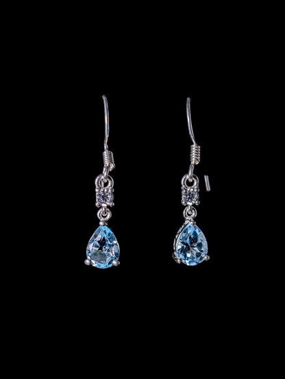 Vintage Pear Cut Genuine Sky Blue Topaz Sterling Dangle Drop Earrings