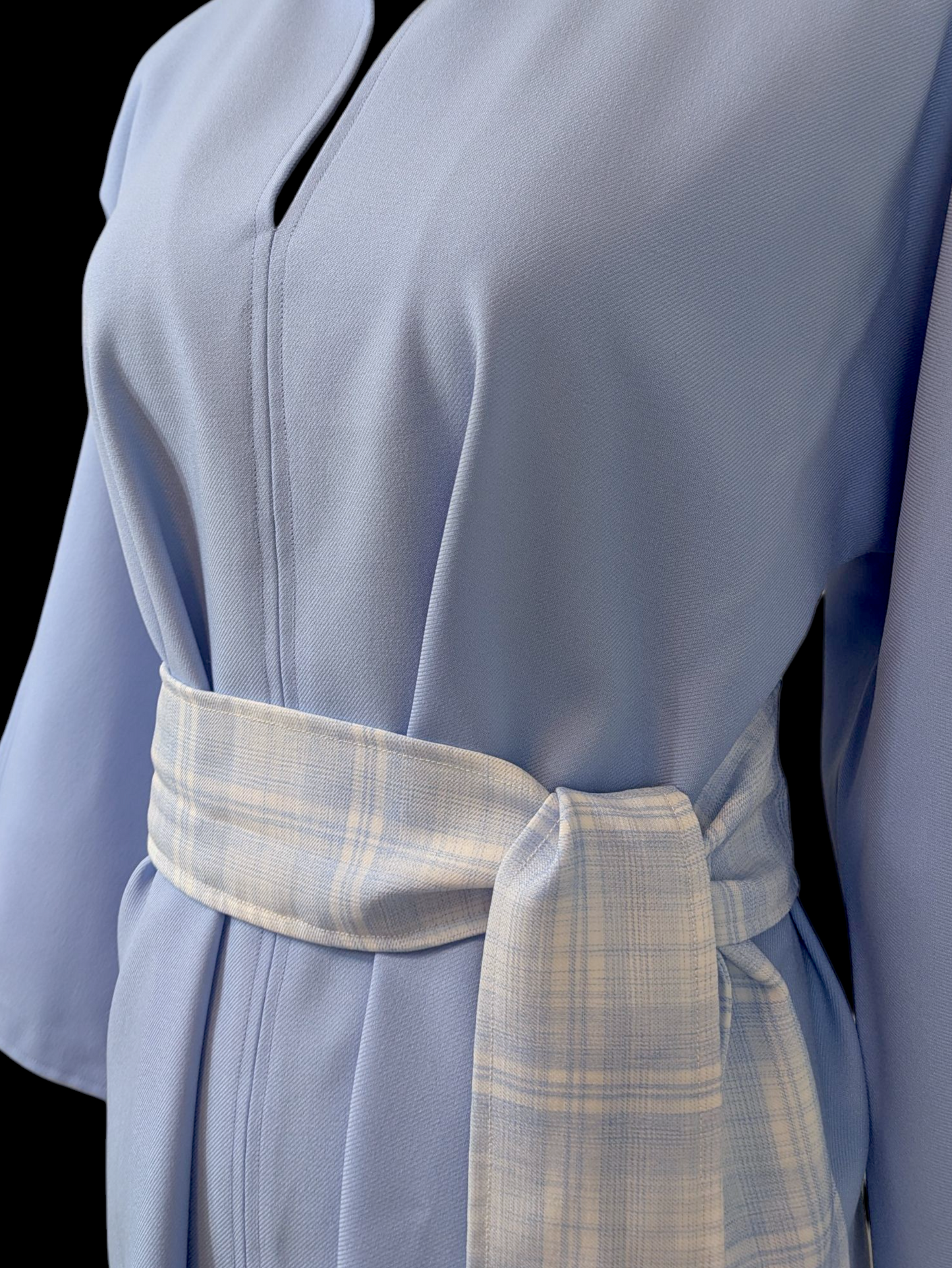 1970s Periwinkle Blue Long Bell Sleeve Tunic with Long Tartan Belt
