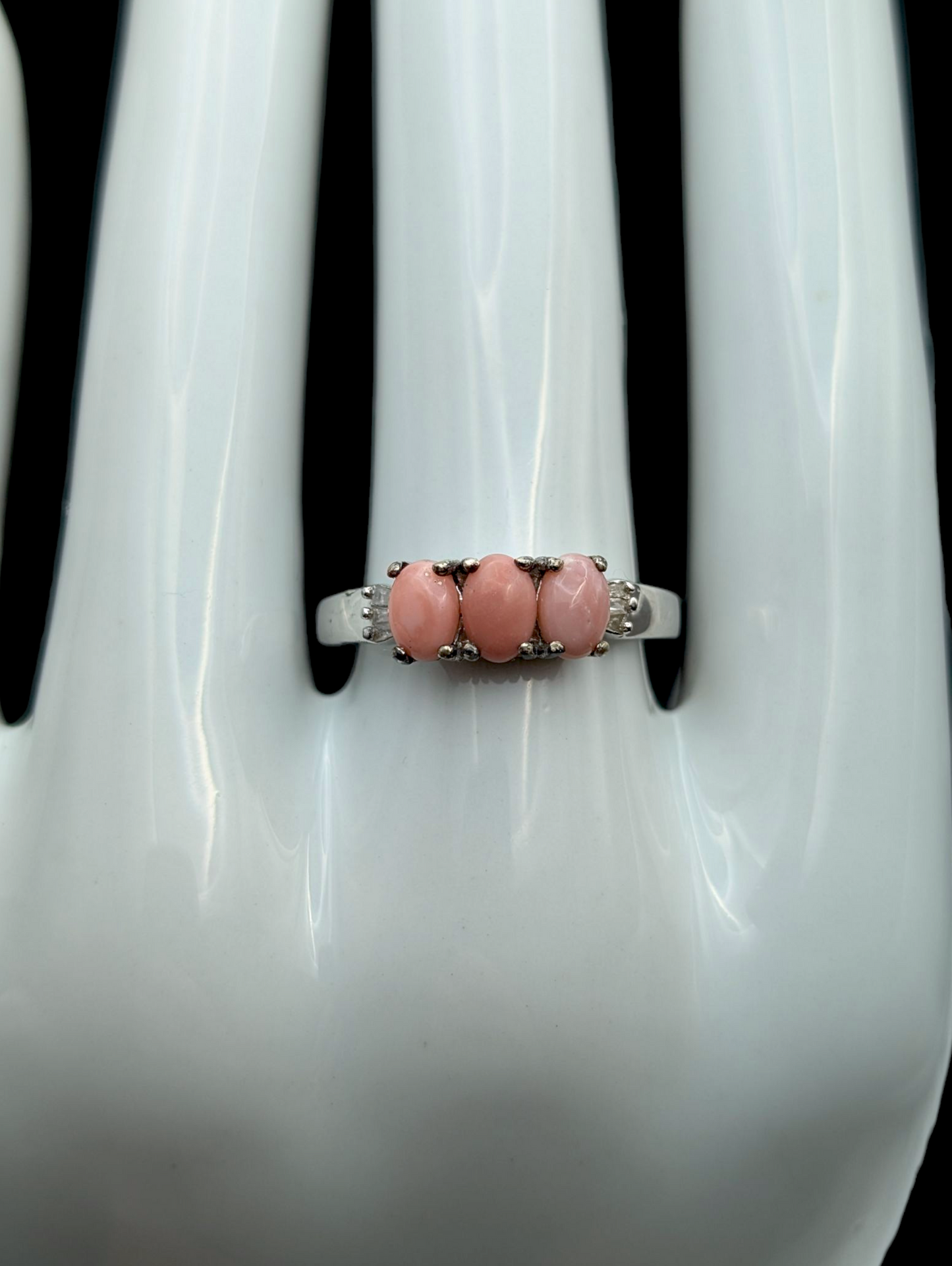 Vintage Earth Mined Genuine Pink Opal and Diamond Accent Sterling Silver Ring