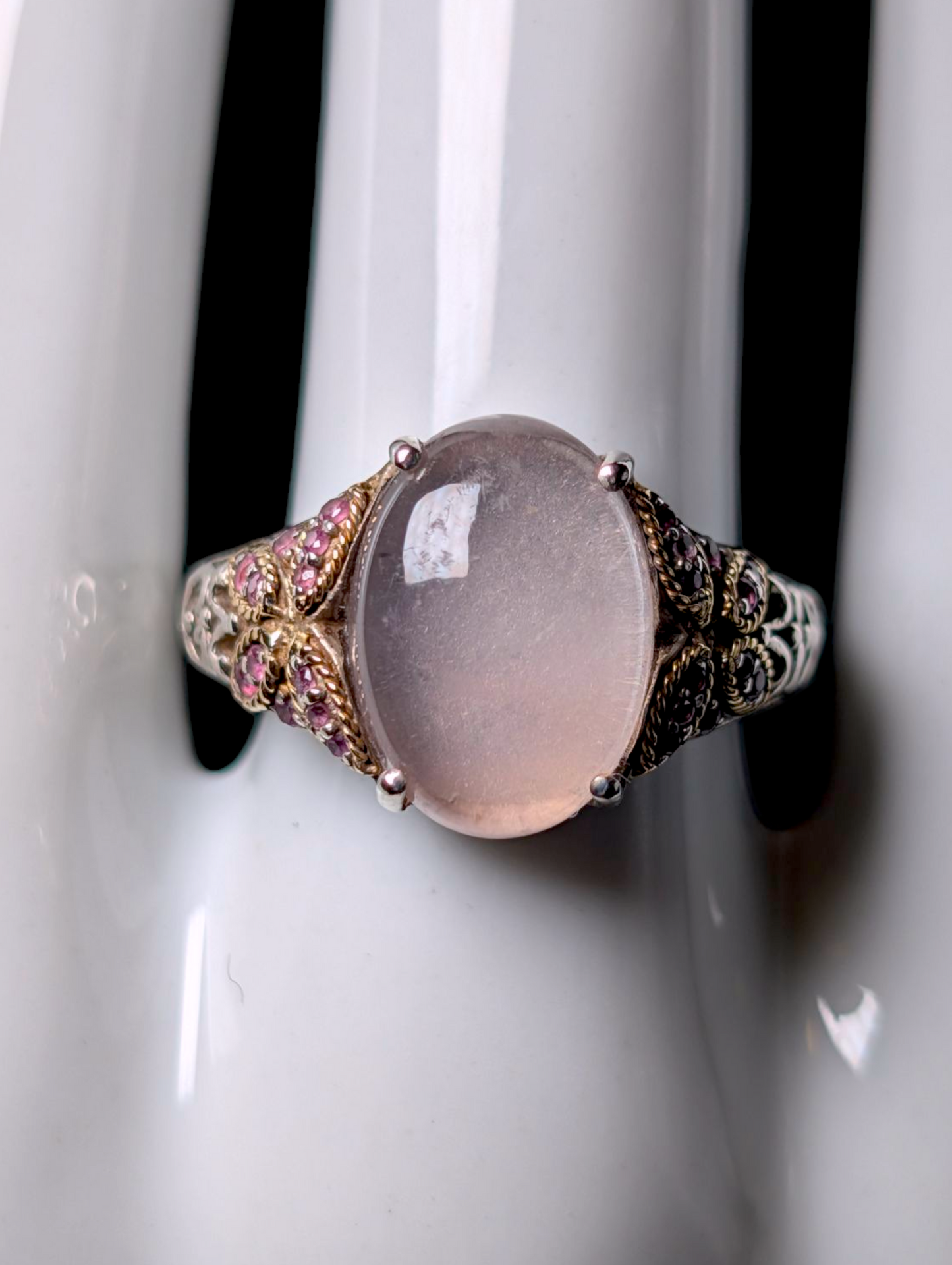 Vintage Designer Effy Y2K Cabochon Cut Genuine Rose Quartz Solitaire and Pink Sapphire 14k Yellow Gold Butterfly and Sterling Silver Ring