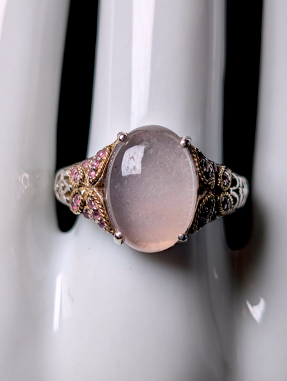 Vintage Designer Effy Y2K Cabochon Cut Genuine Rose Quartz Solitaire and Pink Sapphire 14k Yellow Gold Butterfly and Sterling Silver Ring