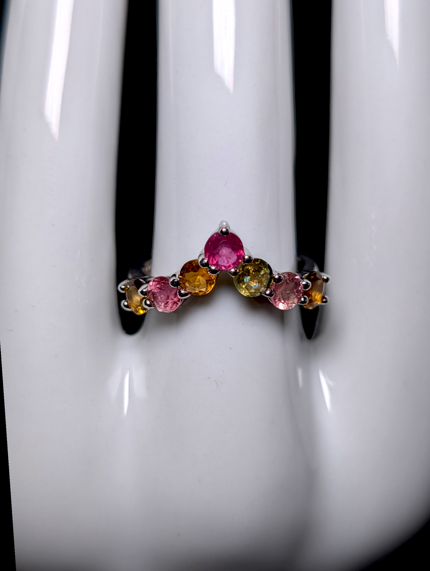 Vintage Round Cut Earth Mined Genuine Multi-Color Tourmaline Sterling Silver Chevron Stackable Ring