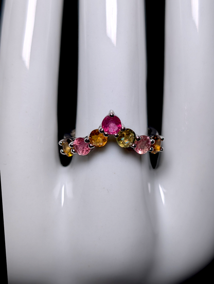 Vintage Round Cut Earth Mined Genuine Multi-Color Tourmaline Sterling Silver Chevron Stackable Ring