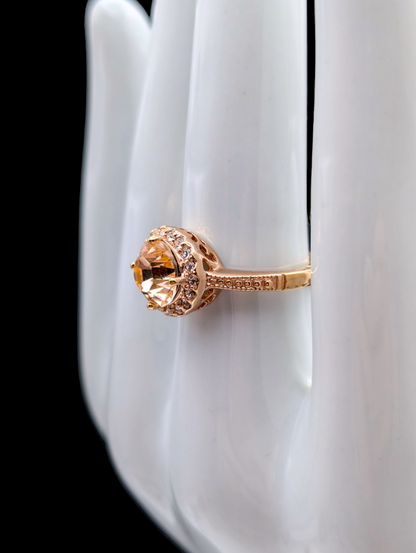 Vintage Round Brilliant Cut Simulated Citrine Solitaire and Simulated Diamond Halo Rose Gold Toned Ring