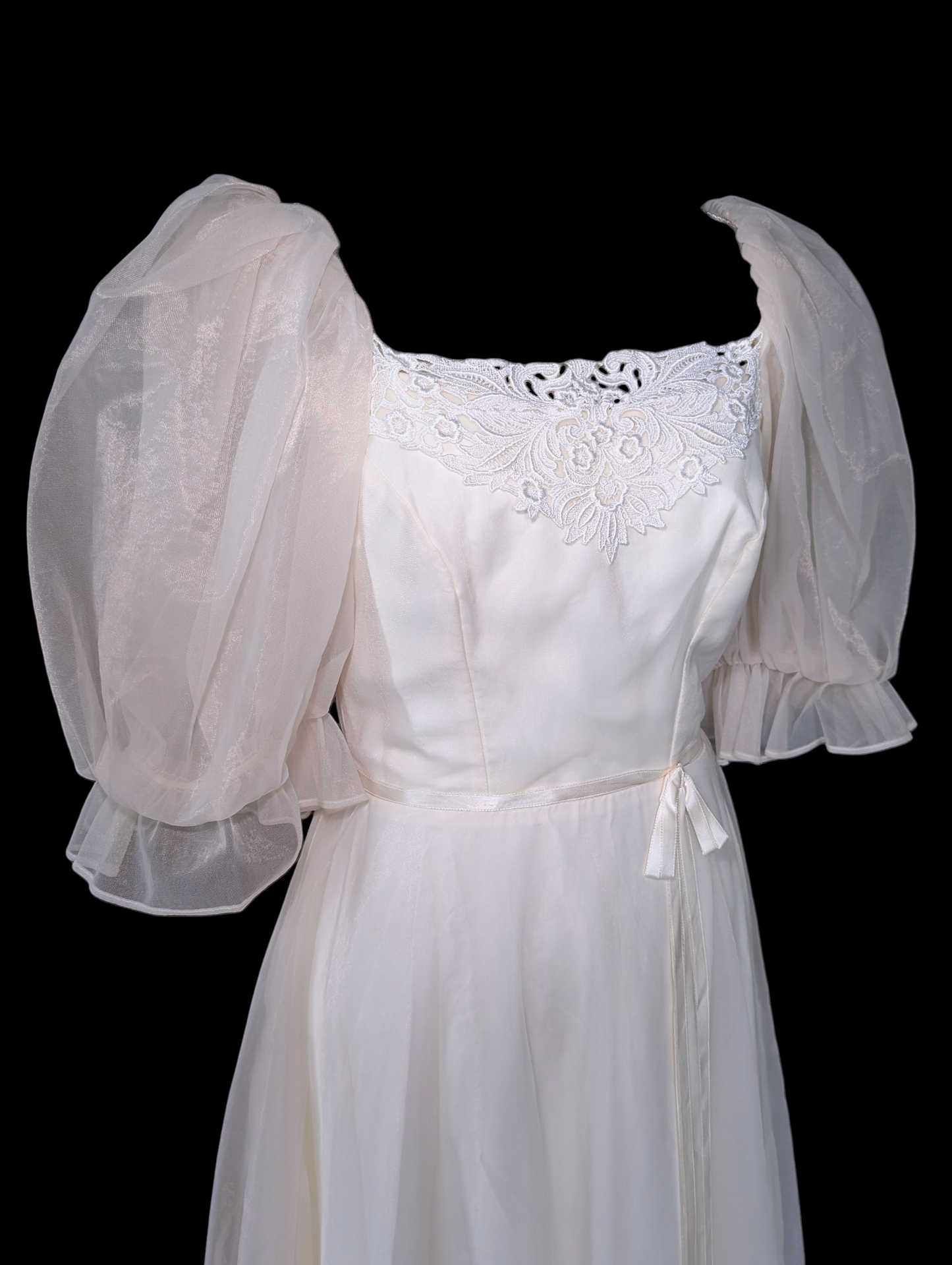 Vintage Chiffon Tea Length Soft White Wedding Dress with Puff Sleeves and Satin Ribbon